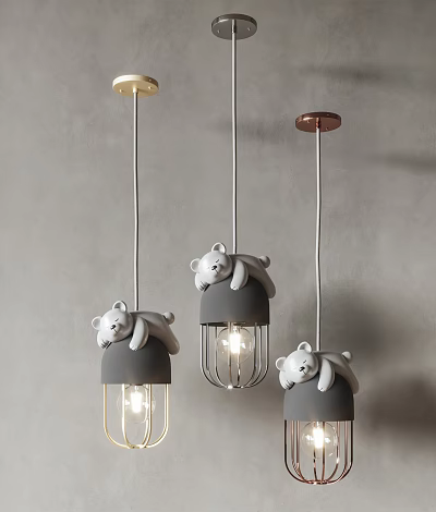 Cute Bear Shaped Three Modern Pendant Lights With Gray Metal And Glass Shade 3d model