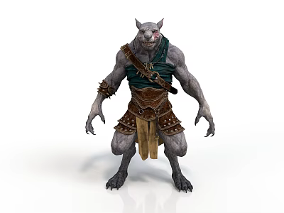 Wolf Headed Man With Gray Skin Green Tunic Brown Leather Armor And Sharp Claws 3d model