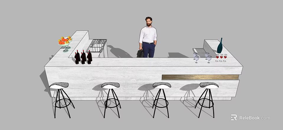Stylish Modern Bar Counter With Bar Stools Wine Bottles Glasses And Fruits 3d model 
