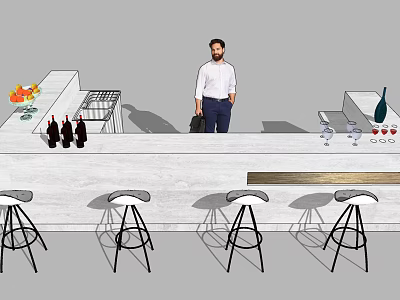 Stylish Modern Bar Counter With Bar Stools Wine Bottles Glasses And Fruits 3d model