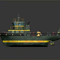 Green Toy Tugboat Model With Yellow Railings And Miniature Figures