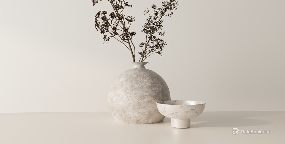 Minimalist Decorative Ornament Set With Marble Vase And Ceramic Bowl For Modern Home Decor 3d model 