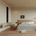 Modern Bedroom Interior With Beige Walls Brown Headboard Gray Quilt White Pillows And Nightstands