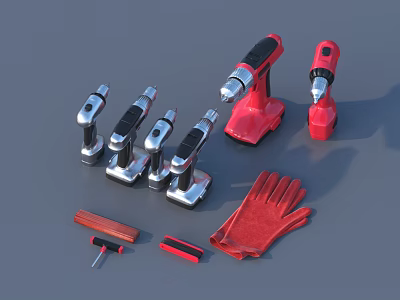 Essential Hardware Tools Set With Power Drills Red Chargers And Protective Gloves 3d model