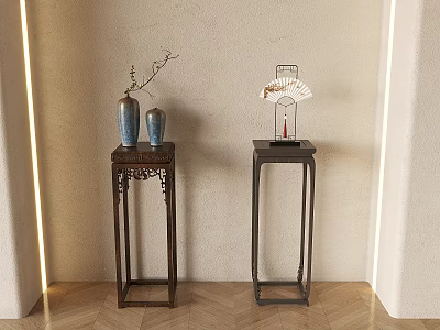 Two Chinese Style Flower Stands With Vases And Decor On Light Walls Herringbone Floor 3d model
