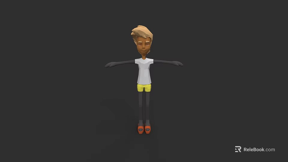 Cartoon Man in White T-Shirt Yellow Shorts Orange Shoes with Arms Outstretched Dark Background 3d model 