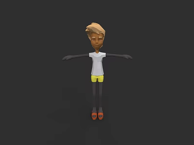 Cartoon Man in White T-Shirt Yellow Shorts Orange Shoes with Arms Outstretched Dark Background 3d model