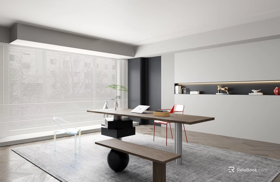 Modern Study Room With Desk Chairs Wall Shelves And Large Windows 3d model 
