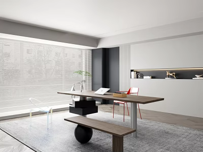 Modern Study Room With Desk Chairs Wall Shelves And Large Windows 3d model