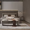 Modern Bedroom Interior Design With Platform Bed Nightstand Accent Chair Soft Rug And Bookshelf