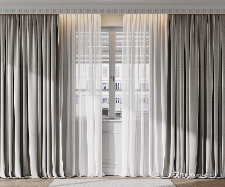 Gray Curtains with White Sheer Panels Filtering Light Through Interior Window 3d model 