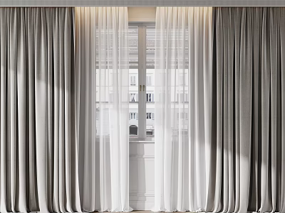 Gray Curtains with White Sheer Panels Filtering Light Through Interior Window 3d model