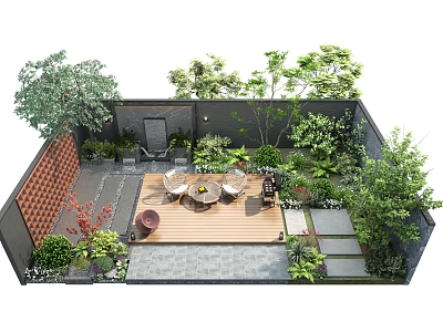 Stylish Courtyard Garden Design With Wooden Deck Outdoor Dining Set Lush Trees And Green Plants 3d model