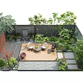 Stylish Courtyard Garden Design With Wooden Deck Outdoor Dining Set Lush Trees And Green Plants