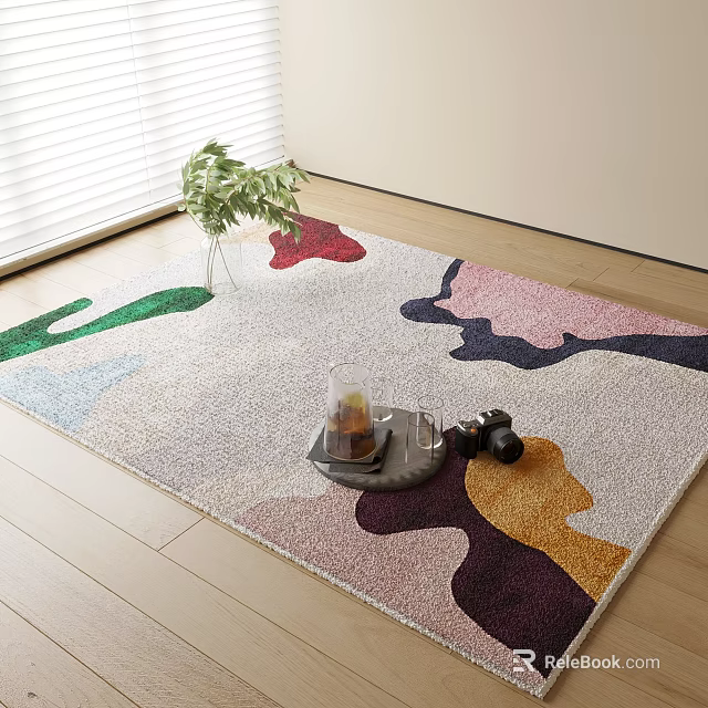 Colorful Square Area Rug with Irregular Pattern on Wooden Floor and Green Plant 3d model 