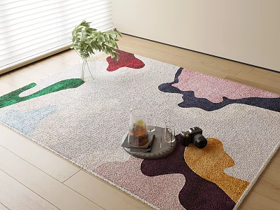 Colorful Square Area Rug with Irregular Pattern on Wooden Floor and Green Plant 3d model