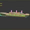 Three Funnel Cruise Ship With Green Hull Red Bottom And Upper Deck