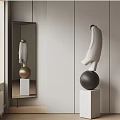 Abstract Human Figure Sculpture On White Pedestal With Black Sphere And Mirror Reflection