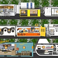 Diverse Modern Mall Shops With Colorful Facades Unique Shapes And Green Plant Decor