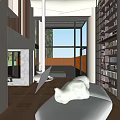 Modern Duplex Living Room Interior With High Ceiling Tall Windows Green Plants And Bookshelves