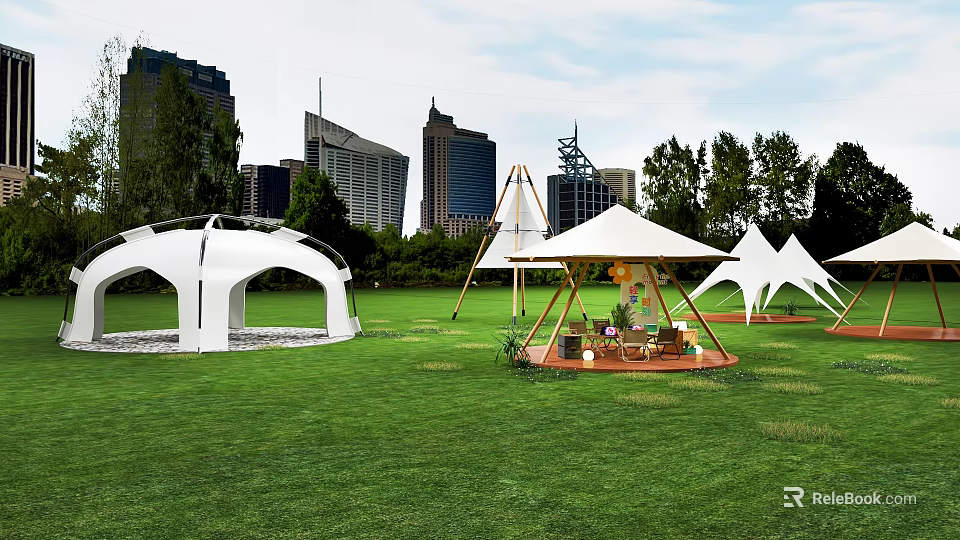 Scenic Outdoor Tents Arranged On Green Lawn With City Skyline Background 3d model 