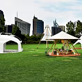 Scenic Outdoor Tents Arranged On Green Lawn With City Skyline Background