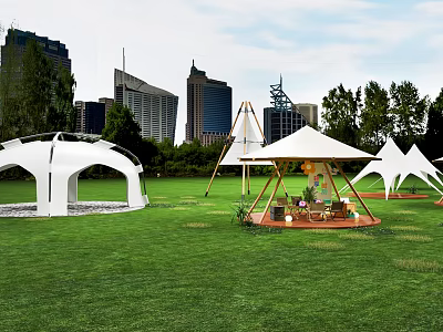Scenic Outdoor Tents Arranged On Green Lawn With City Skyline Background 3d model