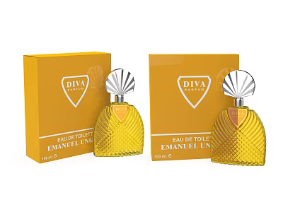 Diva Eau de Toilette Perfume Bottles With Yellow Packaging and Elegant Fan Shaped Cap Design 3d model