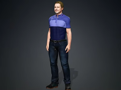 Man in Blue Purple Polo Shirt and Dark Jeans Standing Against Dark Background 3d model