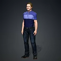 Man in Blue Purple Polo Shirt and Dark Jeans Standing Against Dark Background