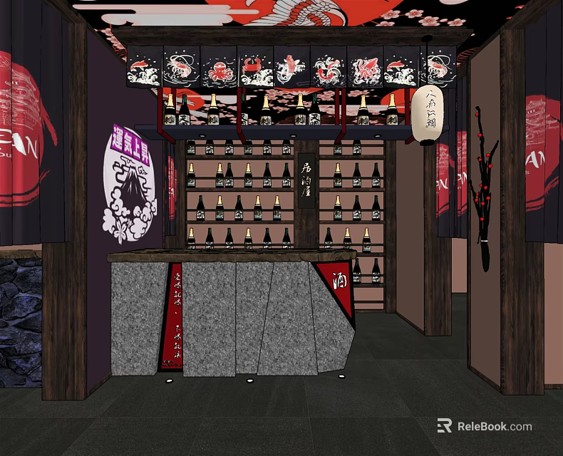 Traditional Japanese Restaurant Interior With Lanterns Wine Rack Bar Counter And Wooden Screens 3d model 