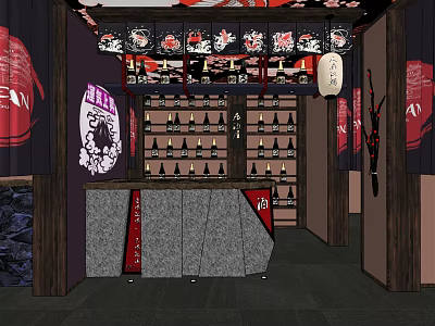 Traditional Japanese Restaurant Interior With Lanterns Wine Rack Bar Counter And Wooden Screens 3d model