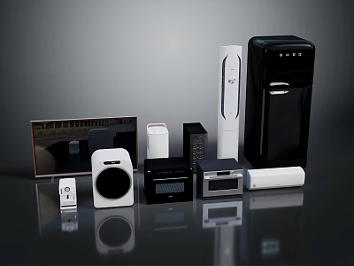 Modern Home Electronic Appliances Collection With Refrigerator Microwave Speakers And Chargers 3d model