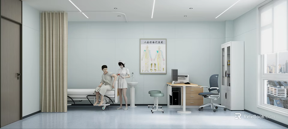 Hospital Outpatient Clinic Room with Nurse Patient Examination Bed Medical Desk Computer and Acupuncture Chart 3d model 