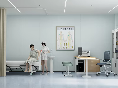 Hospital Outpatient Clinic Room with Nurse Patient Examination Bed Medical Desk Computer and Acupuncture Chart 3d model