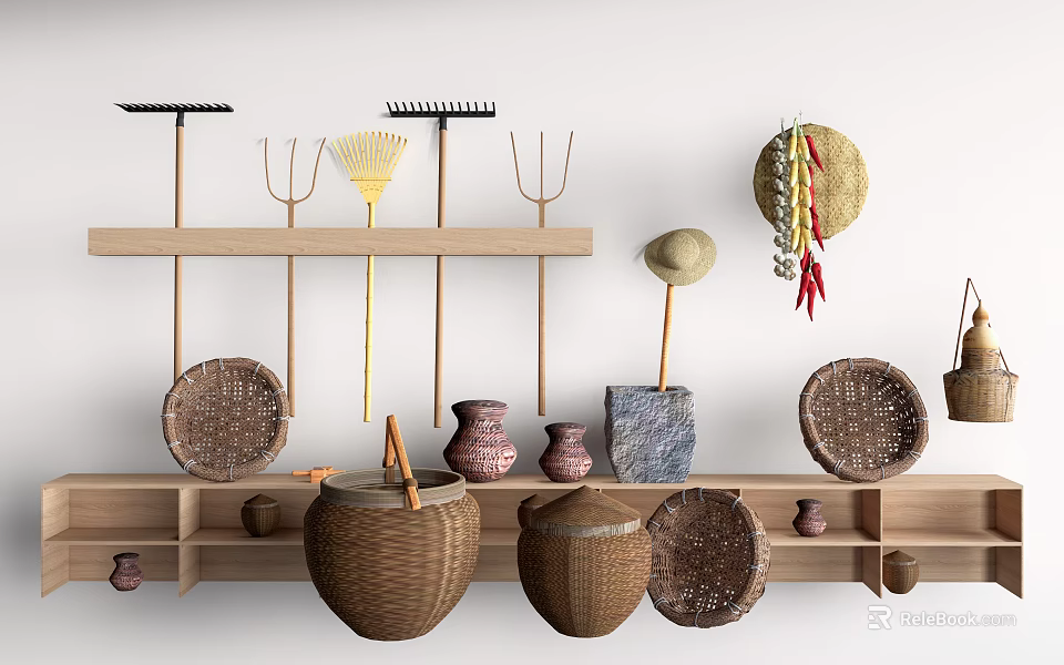 Rustic Farmhouse Decor With Wooden Shelves Rakes Forks Straw Hat And Woven Baskets 3d model 