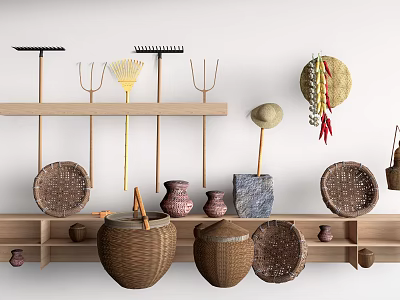 Rustic Farmhouse Decor With Wooden Shelves Rakes Forks Straw Hat And Woven Baskets 3d model