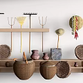 Rustic Farmhouse Decor With Wooden Shelves Rakes Forks Straw Hat And Woven Baskets