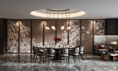 New Chinese-style private room catering large box hotel catering private room restaurant large private room art chandelier round table and chair 3d model