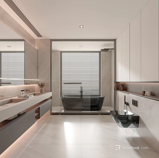 Modern Bathroom Interior With Large Mirror White Cabinets Double Sinks And Bathtub 3d model 