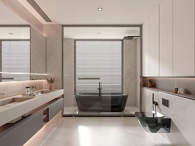 Modern Bathroom Interior With Large Mirror White Cabinets Double Sinks And Bathtub 3d model