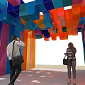 Colorful Geometric Outdoor Structure With Vibrant Hanging Cubes Stripes And Visitors