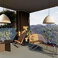 Hotel Public Lounge Area With Scenic Mountain View And Wooden Lounge Chairs