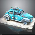 Blue Beetle Car Model With Roof Rack On Display Base And Decorative Details