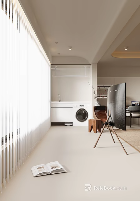Functional Modern Home Balcony With White Blinds Transparent Shelf Washing Machine Sink And Wooden Stool 3d model 