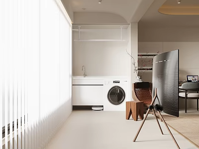 Functional Modern Home Balcony With White Blinds Transparent Shelf Washing Machine Sink And Wooden Stool 3d model