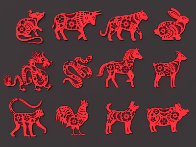 Red Chinese Zodiac Animal Paintings With Decorative Patterns In Paper Cut Art 3d model