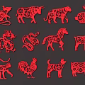 Red Chinese Zodiac Animal Paintings With Decorative Patterns In Paper Cut Art