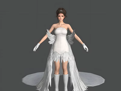 Woman In White Angelic Dress With Feathered Wings Gloves And Knee High Boots 3d model