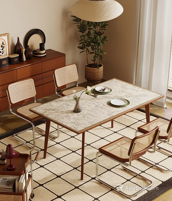 Cozy Dining Room with Wicker Chairs Dining Table Plates Vase Cabinet Plant and Checkered Rug 3d model 